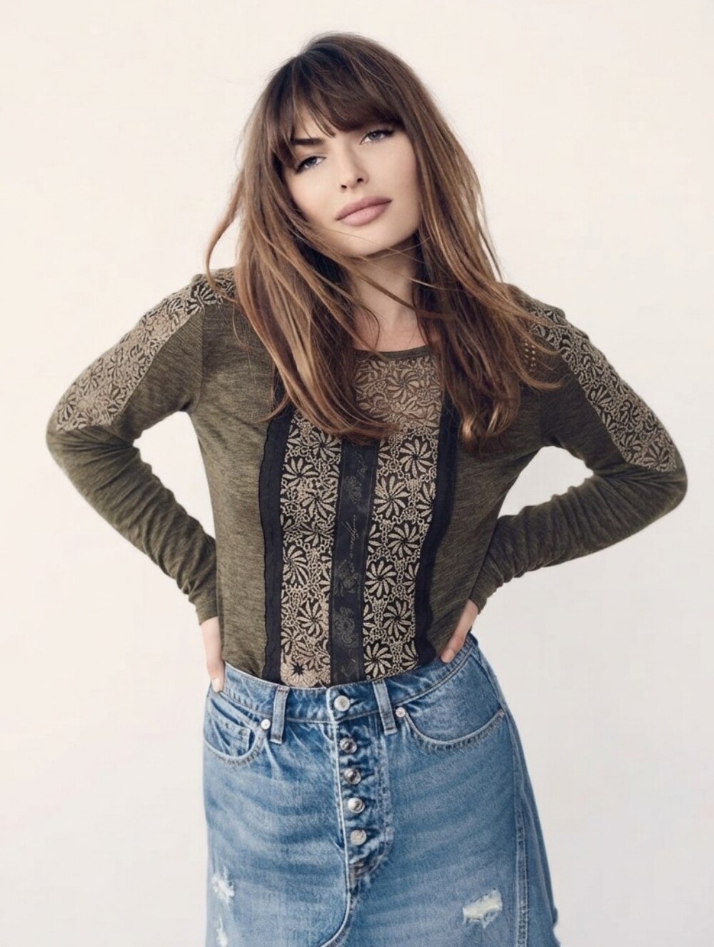 Free People New Romantics Black Beige Striped Lace Trim Long Sleeved Shirt